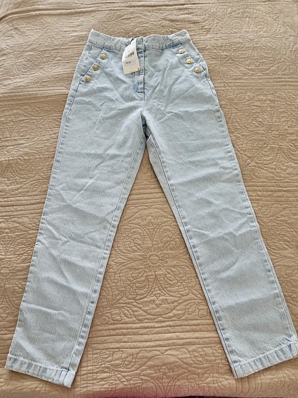 Zara Light Blue High-Waist Straight Jeans with Gold Button Accents